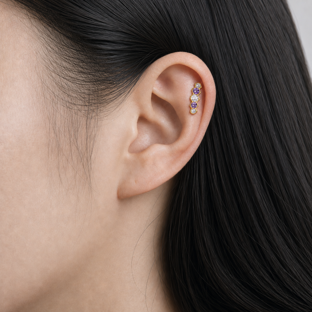 Clear and Purple ASTM F136 Titanium Piercing Part - Gold, Internally Threaded, 0.9 mm — wearing view four (P-PT-0013-G01)