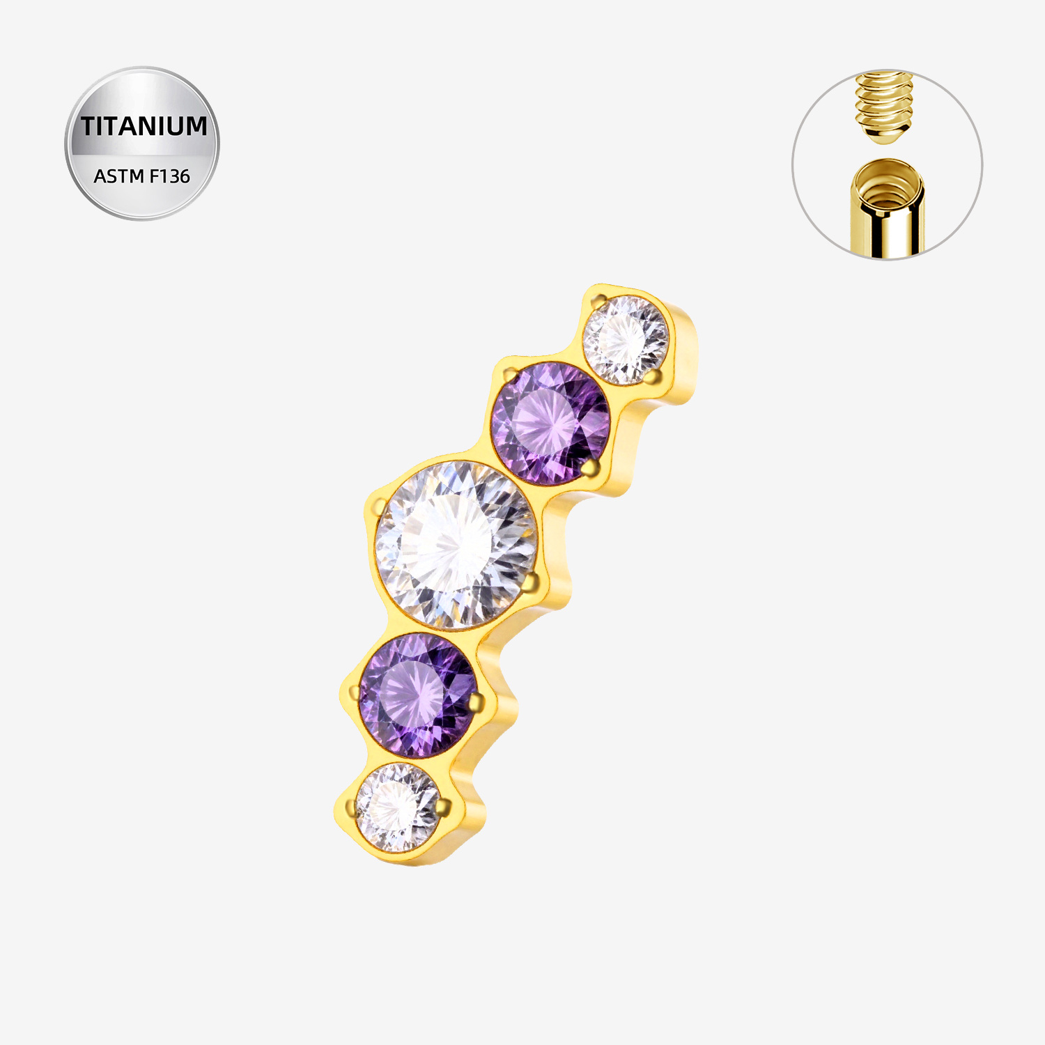 Clear and Purple ASTM F136 Titanium Piercing Part - Gold, Internally Threaded, 0.9 mm — product detail views (P-PT-0013-G01)