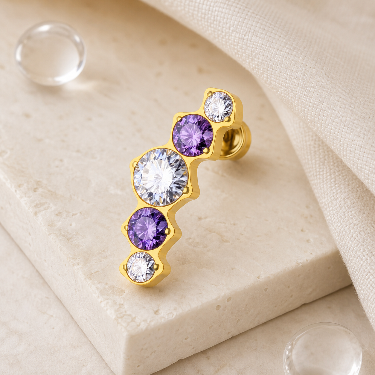 Clear and Purple ASTM F136 Titanium Piercing Part - Gold, Internally Threaded, 0.9 mm — styled flat lay (P-PT-0013-G01)