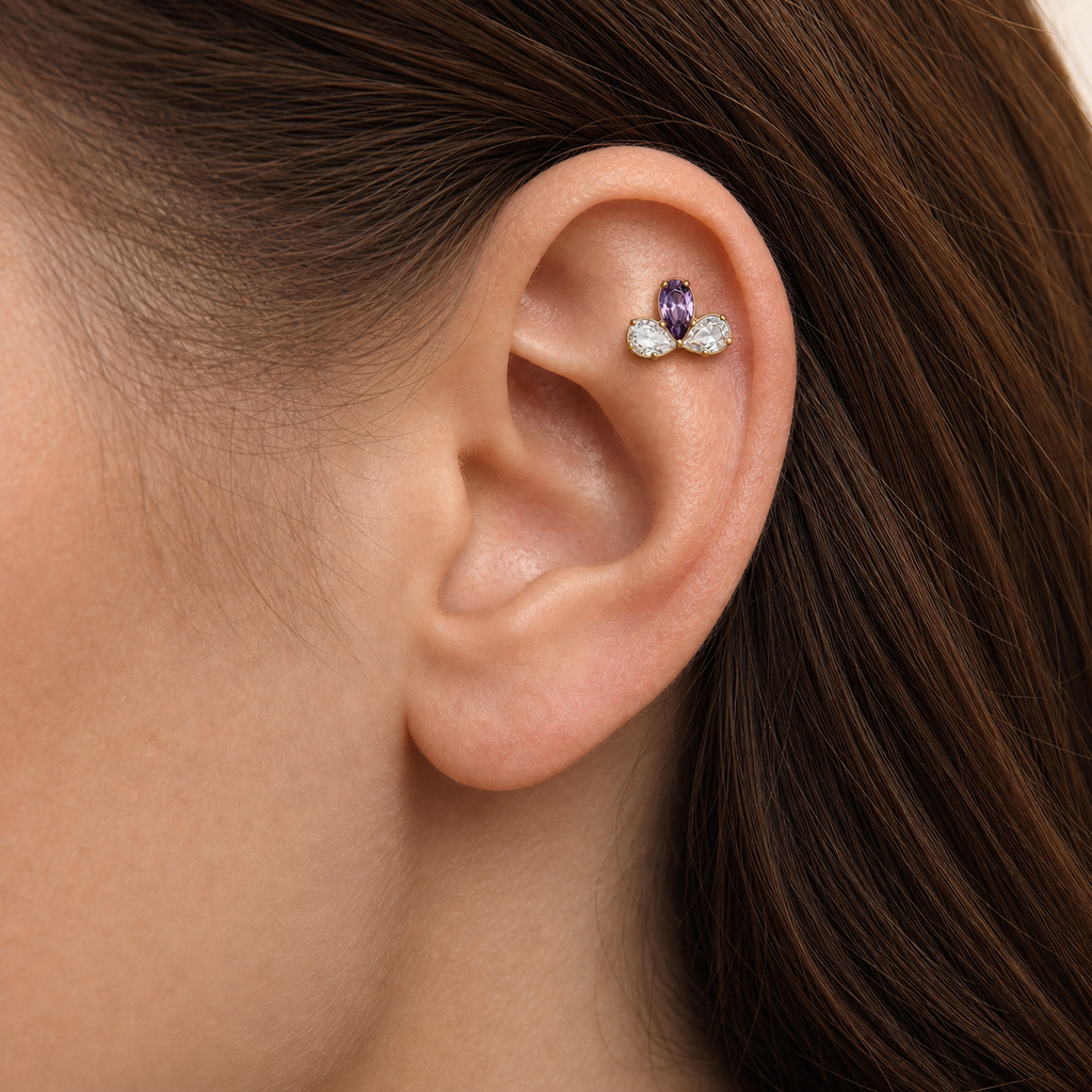 Clear and Purple ASTM F136 Titanium Piercing Part - Gold, Internally Threaded, 0.9 mm — wearing view one (P-PT-0014-G01)