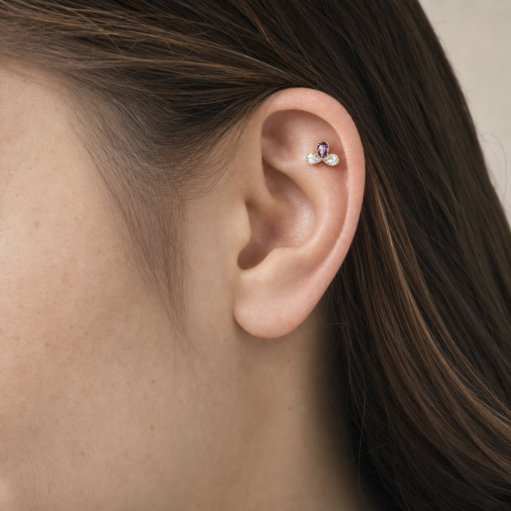 Clear and Purple ASTM F136 Titanium Piercing Part - Gold, Internally Threaded, 0.9 mm — wearing view two (P-PT-0014-G01)
