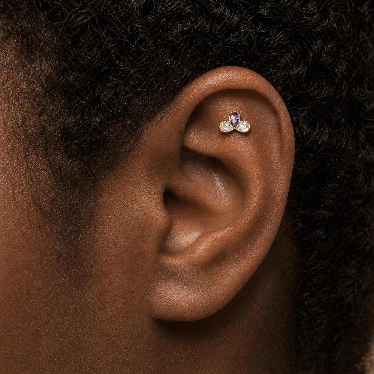 Clear and Purple ASTM F136 Titanium Piercing Part - Gold, Internally Threaded, 0.9 mm — wearing view two (P-PT-0014-G01)