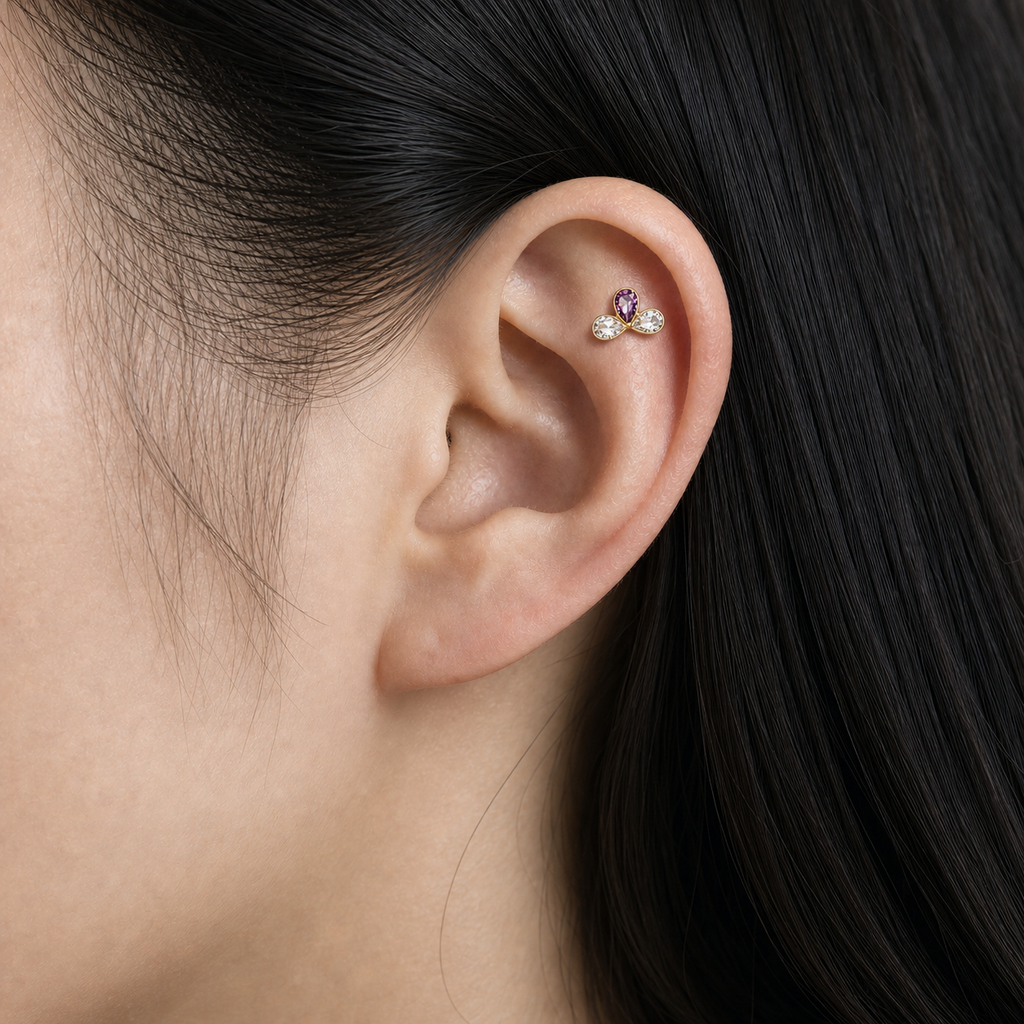 Clear and Purple ASTM F136 Titanium Piercing Part - Gold, Internally Threaded, 0.9 mm — wearing view four (P-PT-0014-G01)