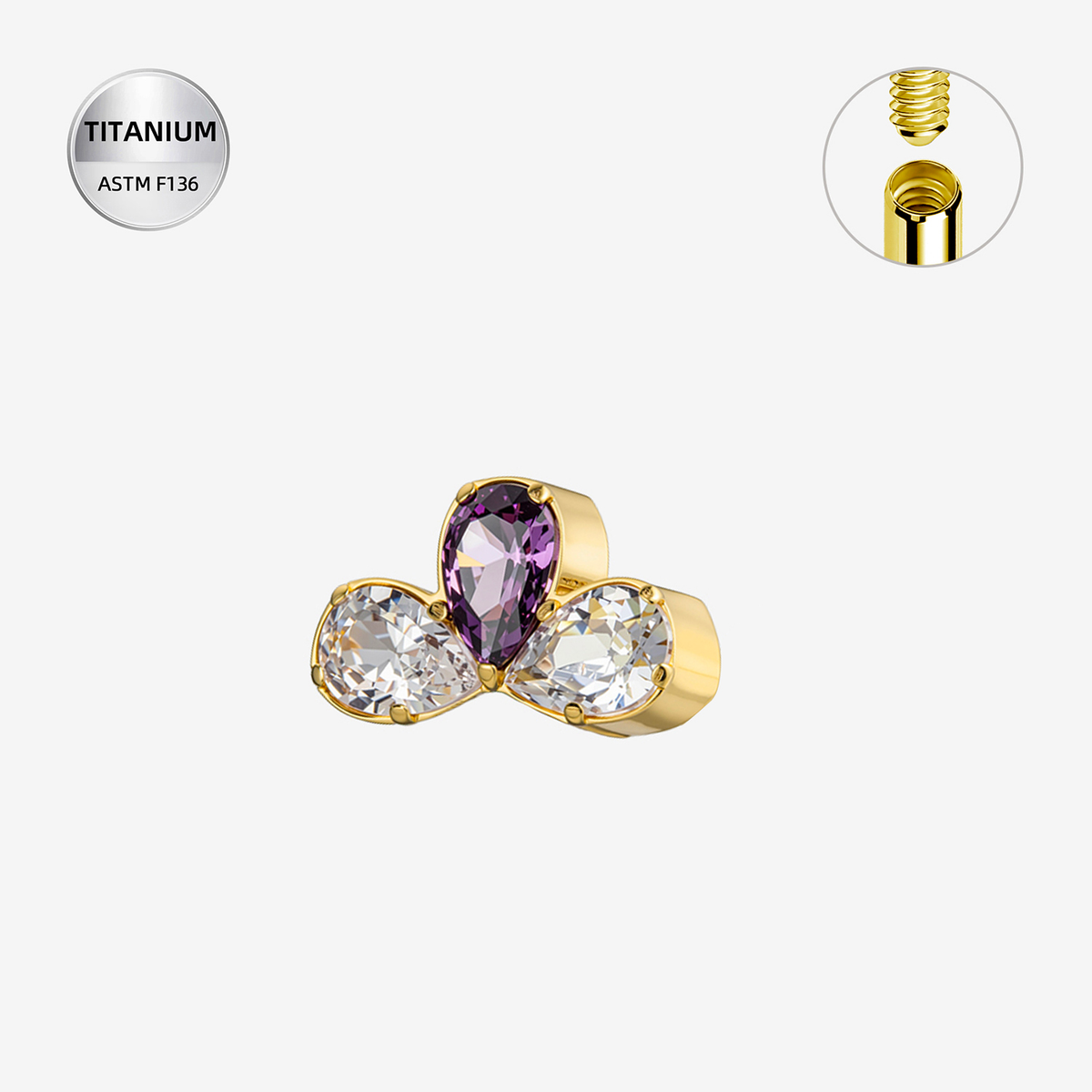Clear and Purple ASTM F136 Titanium Piercing Part - Gold, Internally Threaded, 0.9 mm — product detail views (P-PT-0014-G01)