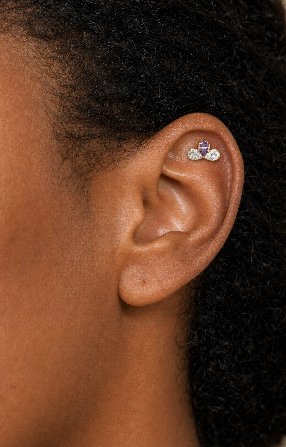 Clear and Purple ASTM F136 Titanium Piercing Part - Gold, Internally Threaded, 0.9 mm — styled flat lay (P-PT-0014-G01)