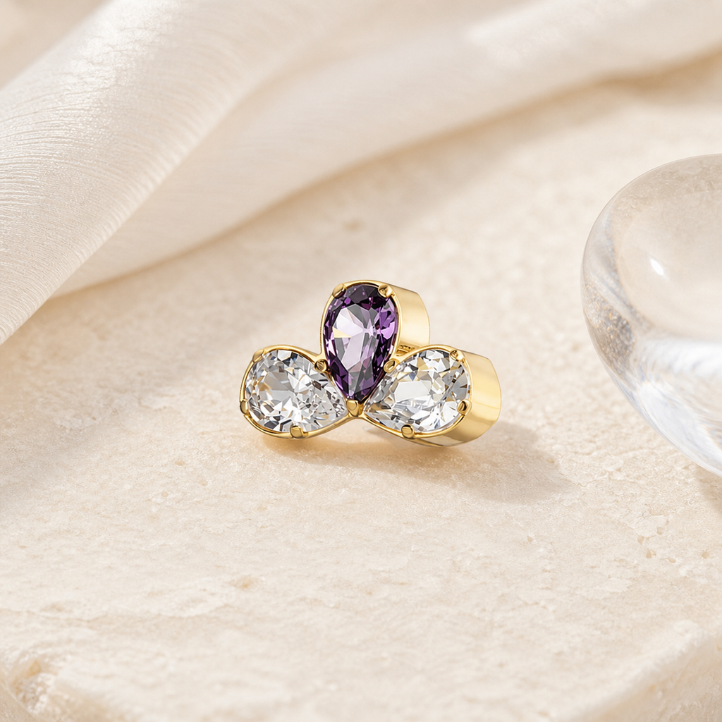 Clear and Purple ASTM F136 Titanium Piercing Part - Gold, Internally Threaded, 0.9 mm — styled flat lay (P-PT-0014-G01)