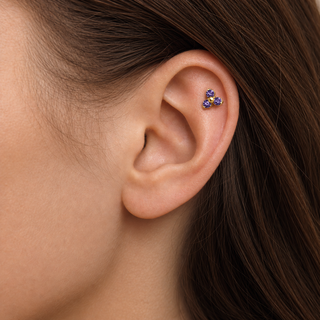 Purple CZ ASTM F136 Titanium Piercing Part - Gold, Internally Threaded, 0.9+5 mm — wearing view one (P-PT-0015-G01)
