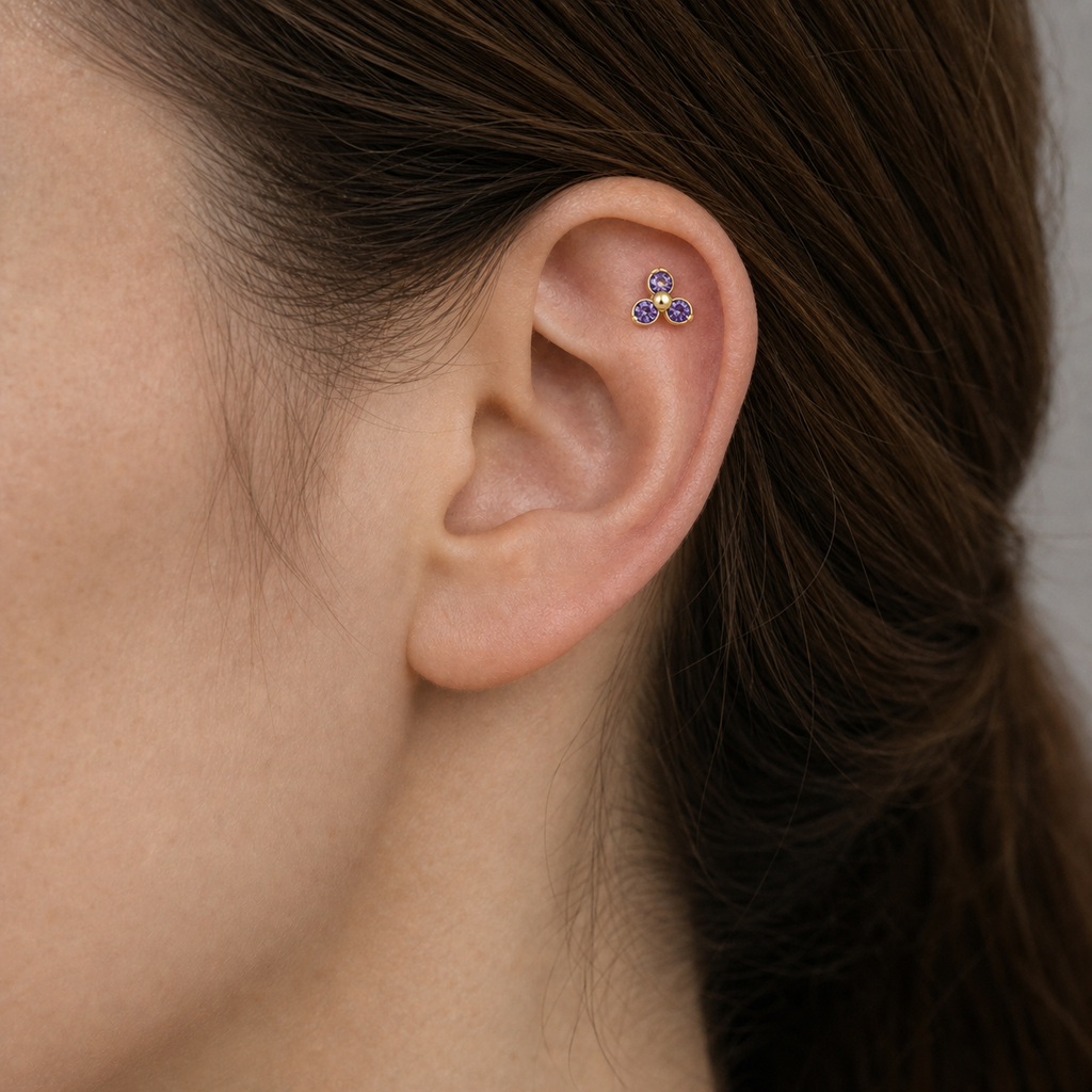 Purple CZ ASTM F136 Titanium Piercing Part - Gold, Internally Threaded, 0.9+5 mm — wearing view two (P-PT-0015-G01)