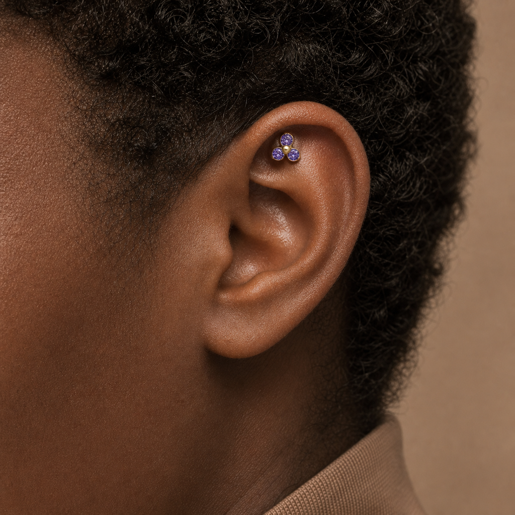 Purple CZ ASTM F136 Titanium Piercing Part - Gold, Internally Threaded, 0.9+5 mm — wearing view two (P-PT-0015-G01)