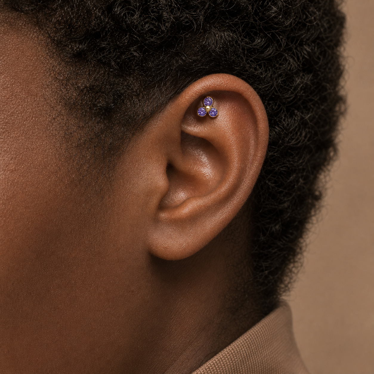 Purple CZ ASTM F136 Titanium Piercing Part - Gold, Internally Threaded, 0.9+5 mm — wearing view two (P-PT-0015-G01)