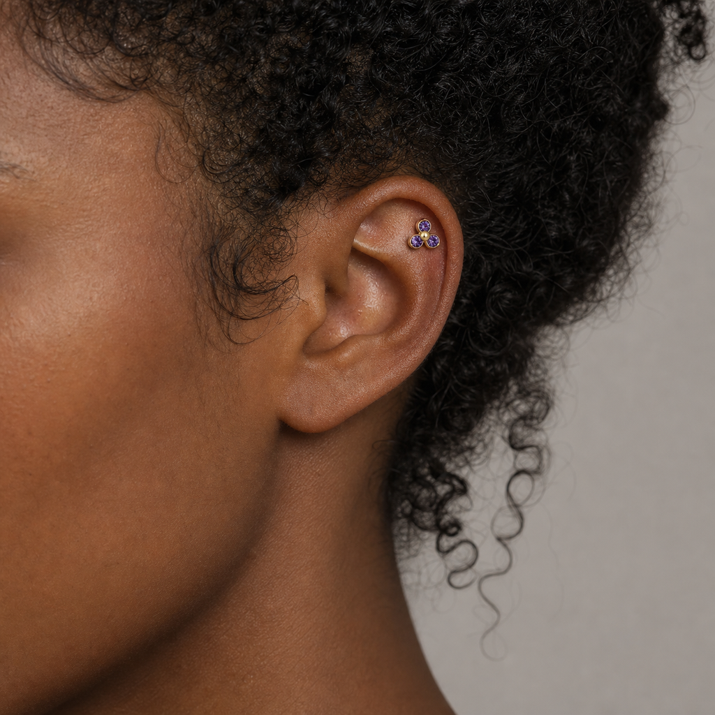 Purple CZ ASTM F136 Titanium Piercing Part - Gold, Internally Threaded, 0.9+5 mm — wearing view three (P-PT-0015-G01)