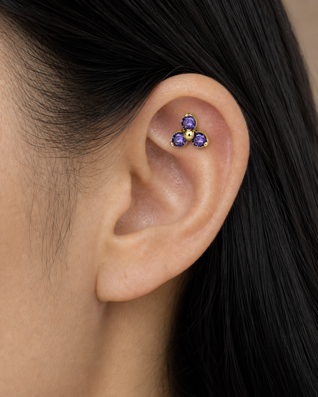 Purple CZ ASTM F136 Titanium Piercing Part - Gold, Internally Threaded, 0.9+5 mm — product detail views (P-PT-0015-G01)