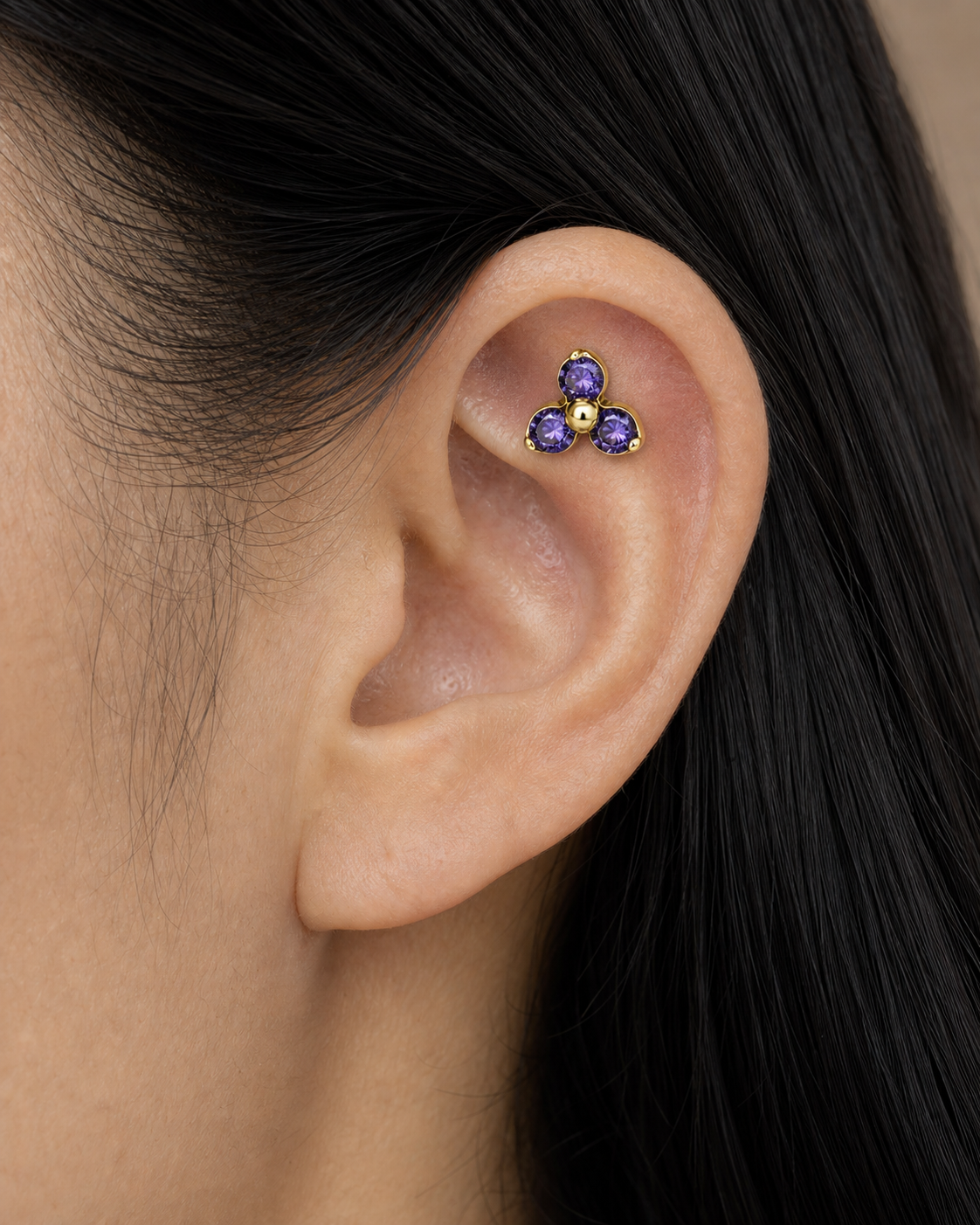 Purple CZ ASTM F136 Titanium Piercing Part - Gold, Internally Threaded, 0.9+5 mm — product detail views (P-PT-0015-G01)