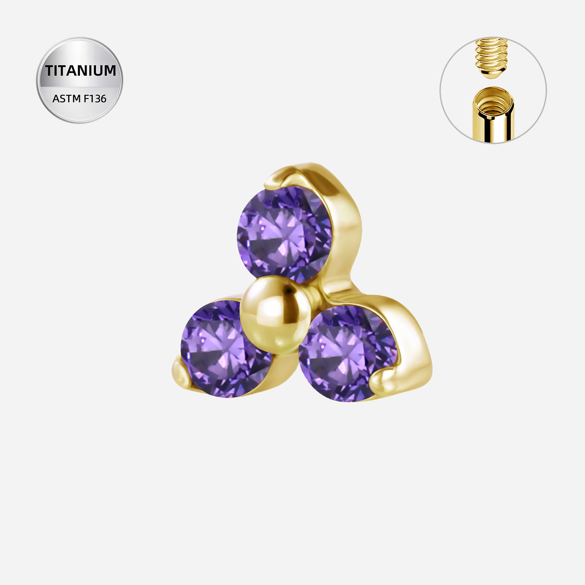 Purple CZ ASTM F136 Titanium Piercing Part - Gold, Internally Threaded, 0.9+5 mm — product detail views (P-PT-0015-G01)