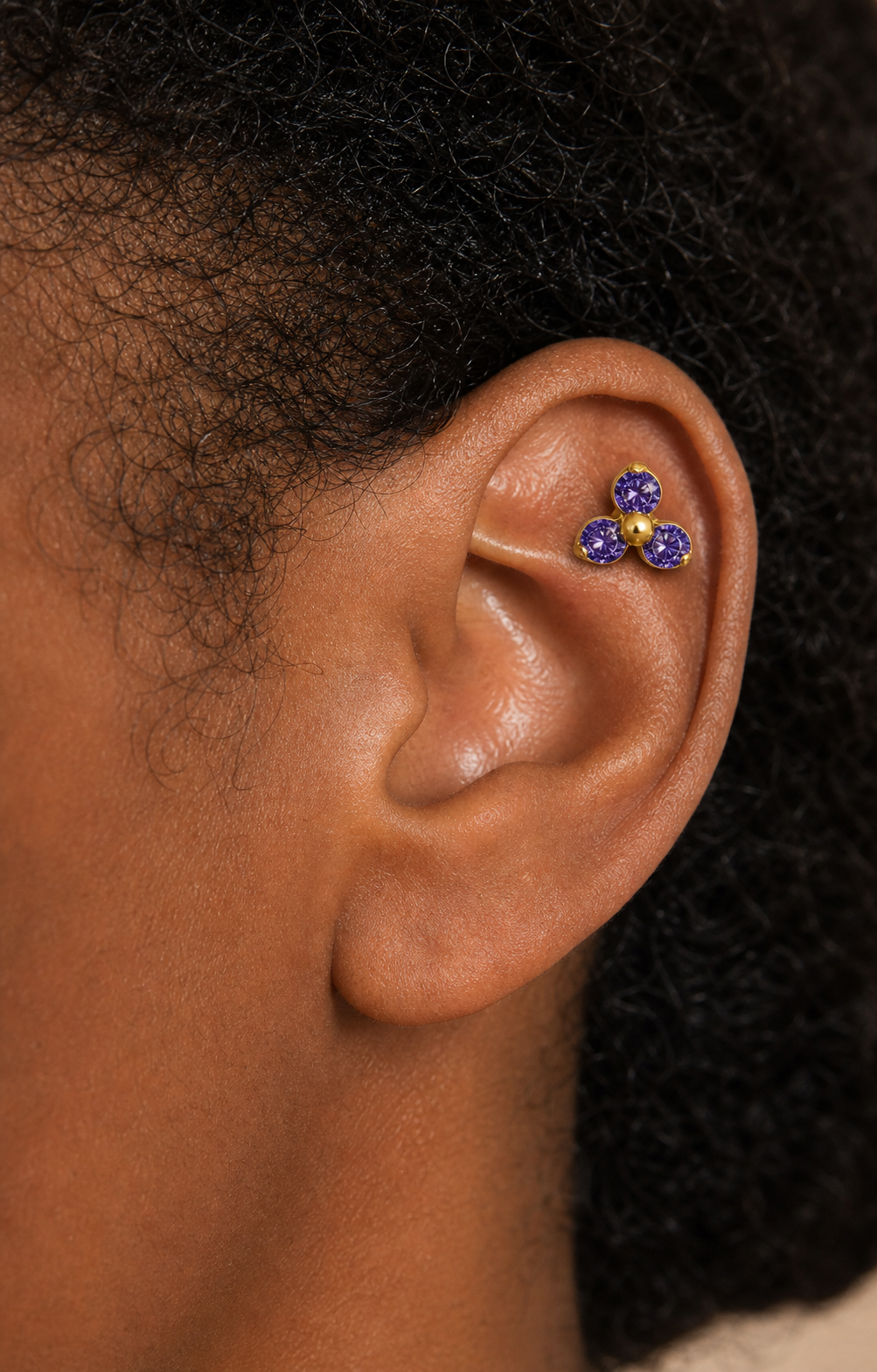 Purple CZ ASTM F136 Titanium Piercing Part - Gold, Internally Threaded, 0.9+5 mm — styled flat lay (P-PT-0015-G01)