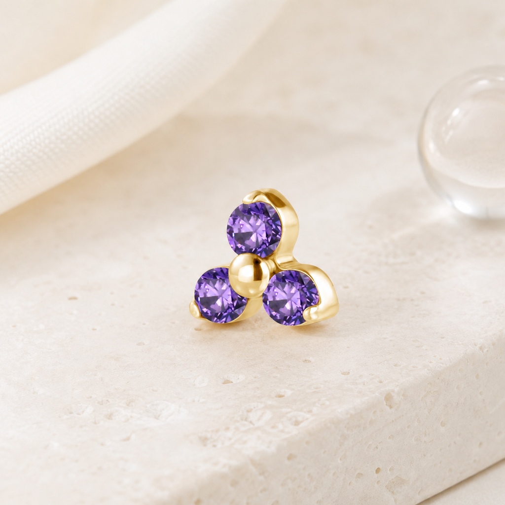 Purple CZ ASTM F136 Titanium Piercing Part - Gold, Internally Threaded, 0.9+5 mm — styled flat lay (P-PT-0015-G01)