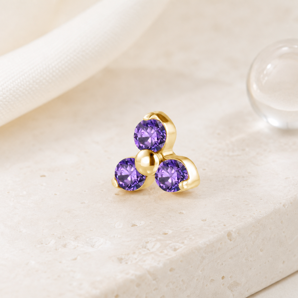 Purple CZ ASTM F136 Titanium Piercing Part - Gold, Internally Threaded, 0.9+5 mm — styled flat lay (P-PT-0015-G01)