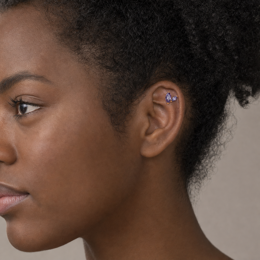 Amethyst ASTM F136 Titanium Piercing Part - Gold, Internally Threaded, M0.9 mm — wearing view three (P-PT-0016-G01)