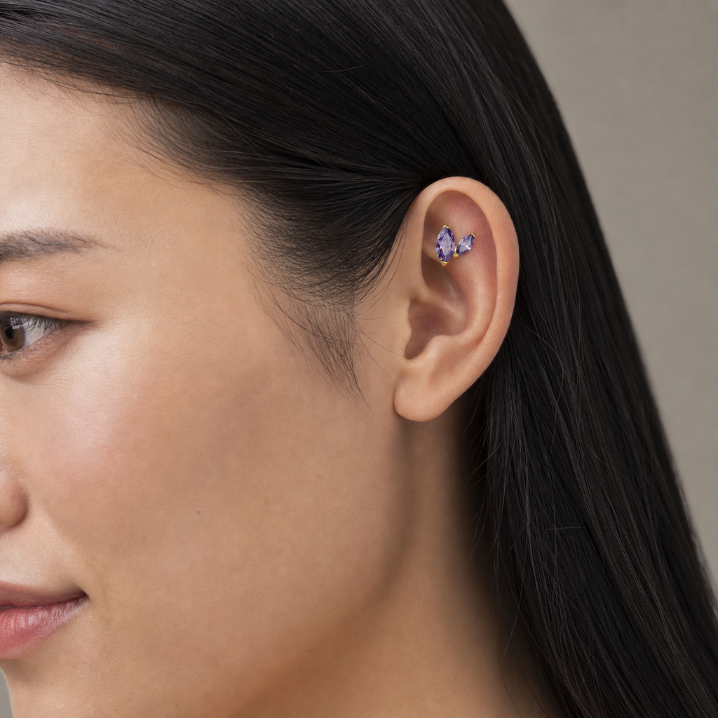 Amethyst ASTM F136 Titanium Piercing Part - Gold, Internally Threaded, M0.9 mm — wearing view four (P-PT-0016-G01)