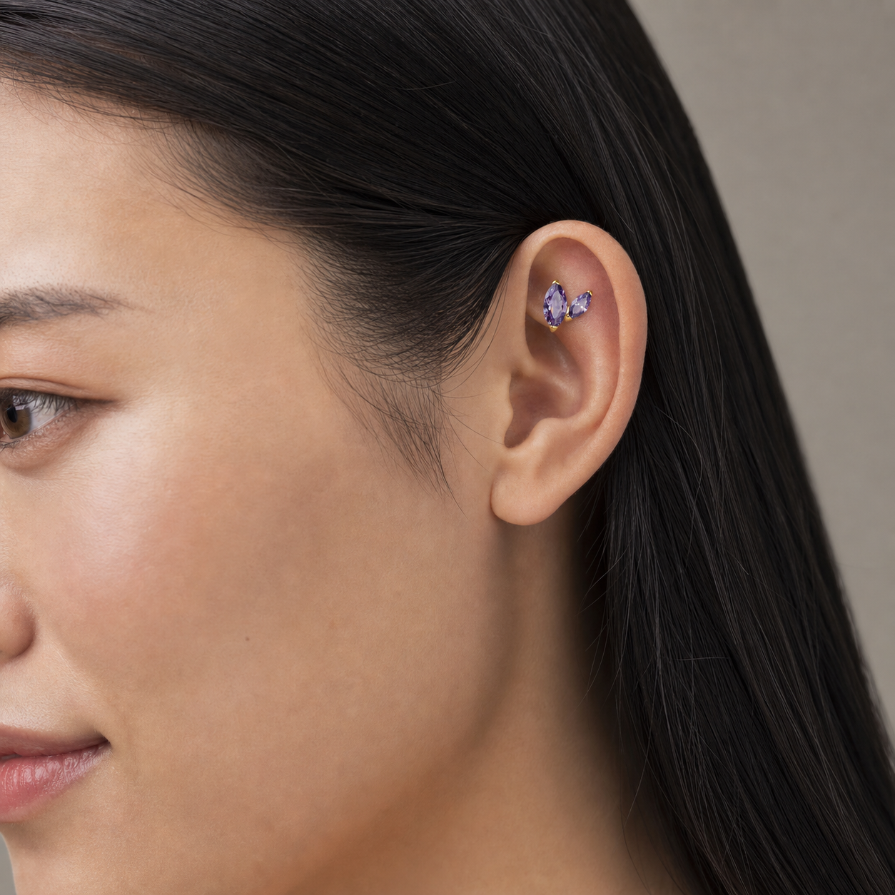 Amethyst ASTM F136 Titanium Piercing Part - Gold, Internally Threaded, M0.9 mm — wearing view four (P-PT-0016-G01)