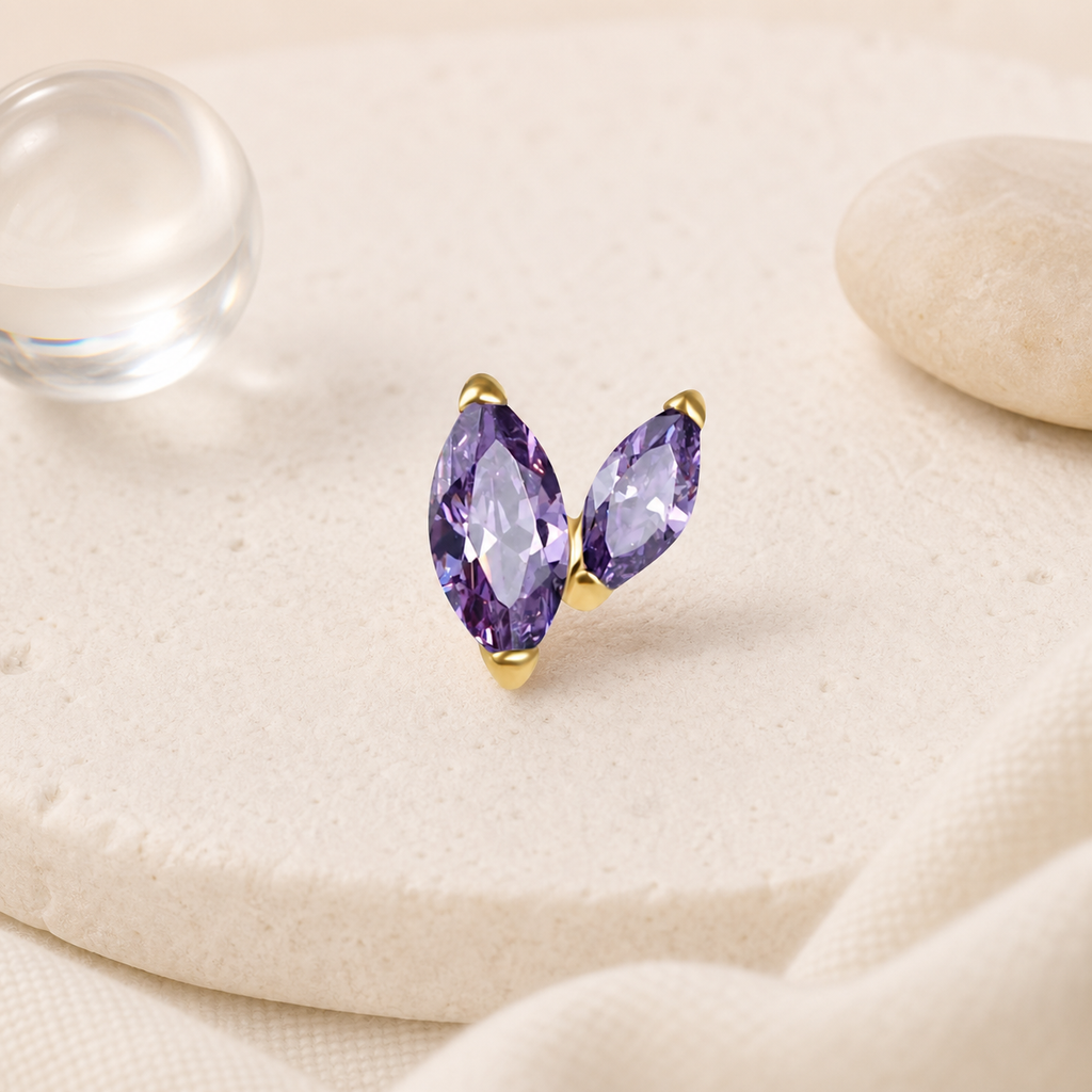 Amethyst ASTM F136 Titanium Piercing Part - Gold, Internally Threaded, M0.9 mm — styled flat lay (P-PT-0016-G01)