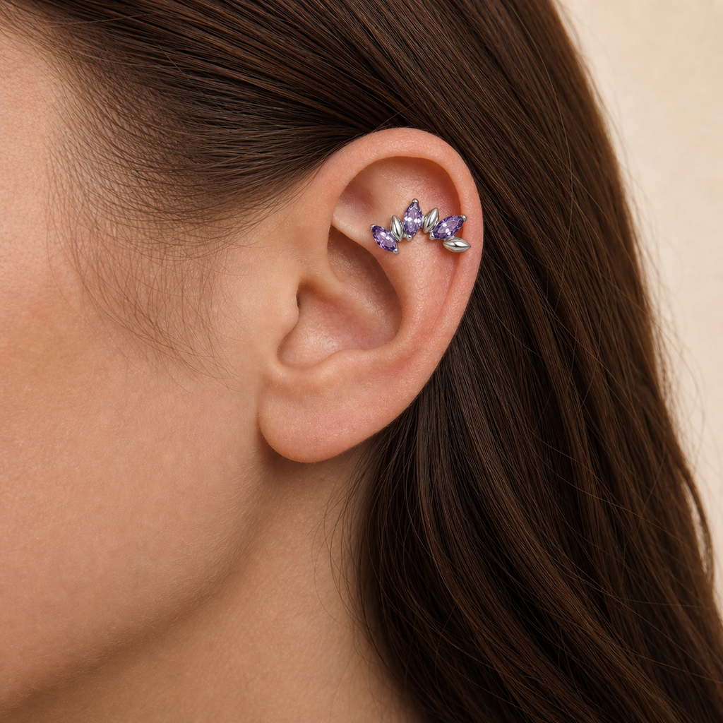 Purple CZ ASTM F136 Titanium Piercing Part - Silver, Internally Threaded, M0.9 mm — wearing view one (P-PT-0017-S01)