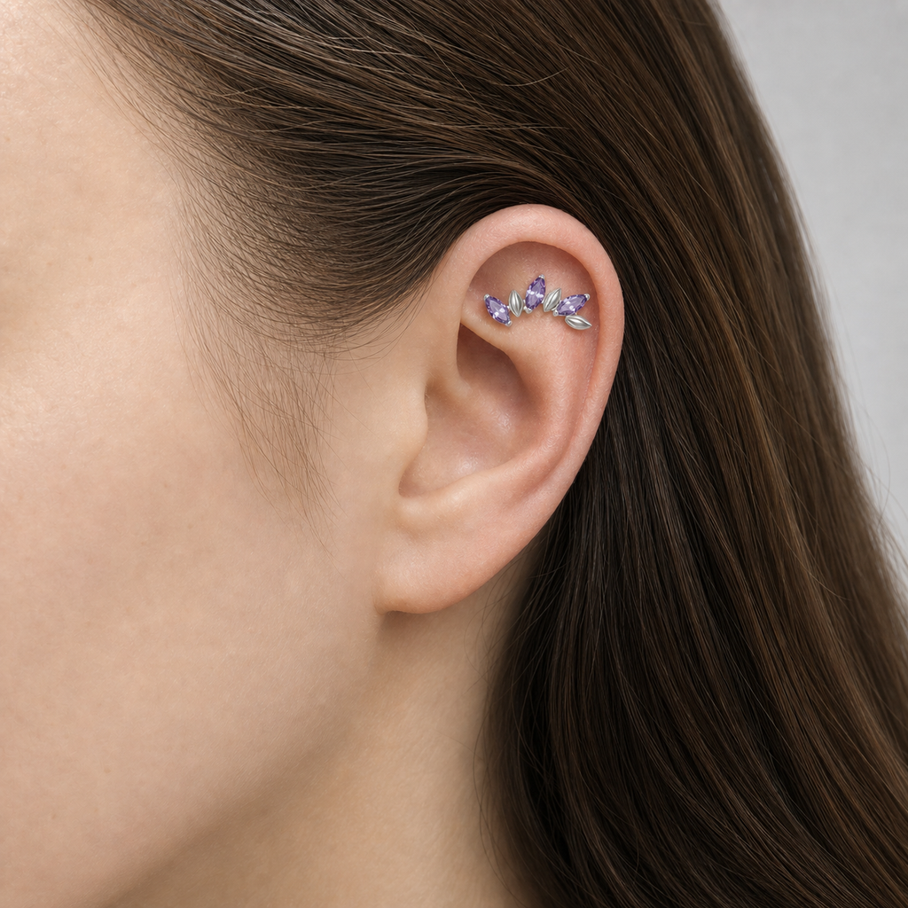 Purple CZ ASTM F136 Titanium Piercing Part - Silver, Internally Threaded, M0.9 mm — wearing view two (P-PT-0017-S01)
