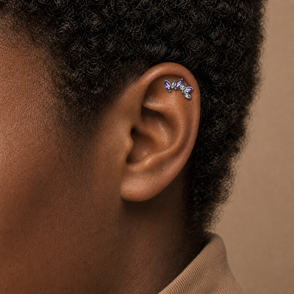 Purple CZ ASTM F136 Titanium Piercing Part - Silver, Internally Threaded, M0.9 mm — wearing view two (P-PT-0017-S01)