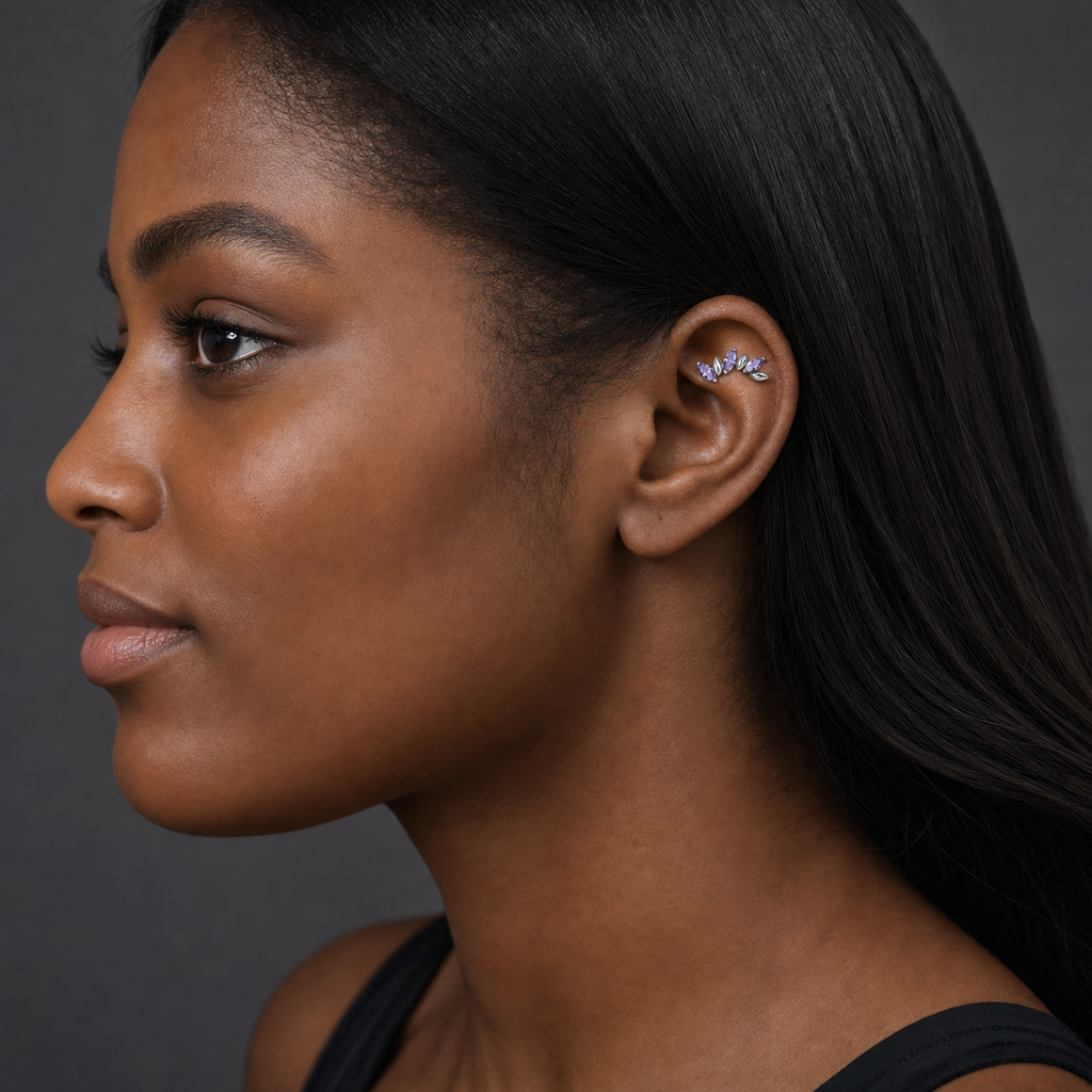 Purple CZ ASTM F136 Titanium Piercing Part - Silver, Internally Threaded, M0.9 mm — wearing view three (P-PT-0017-S01)