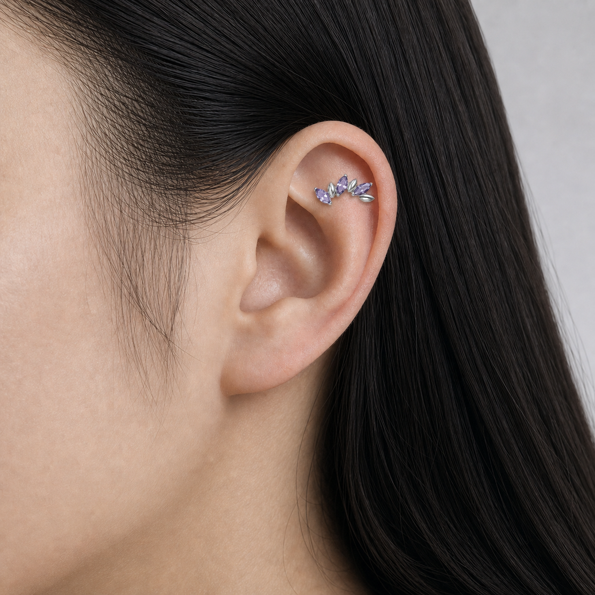 Purple CZ ASTM F136 Titanium Piercing Part - Silver, Internally Threaded, M0.9 mm — wearing view four (P-PT-0017-S01)