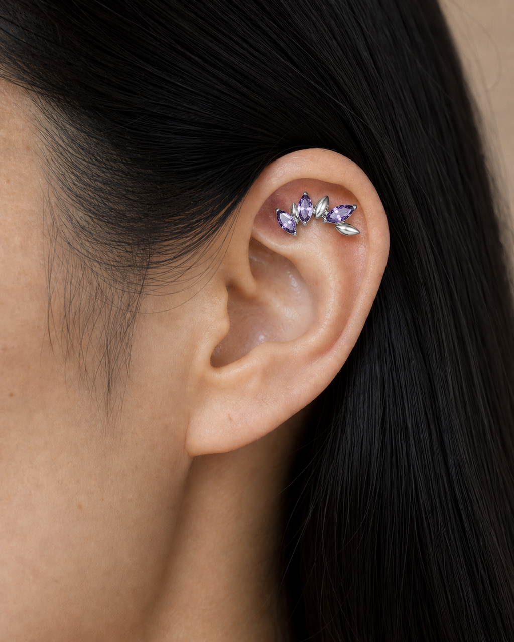 Purple CZ ASTM F136 Titanium Piercing Part - Silver, Internally Threaded, M0.9 mm — product detail views (P-PT-0017-S01)