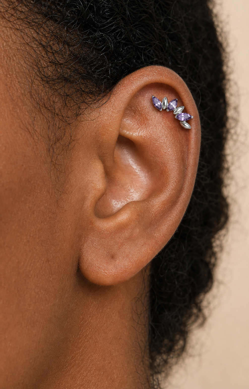 Purple CZ ASTM F136 Titanium Piercing Part - Silver, Internally Threaded, M0.9 mm — styled flat lay (P-PT-0017-S01)