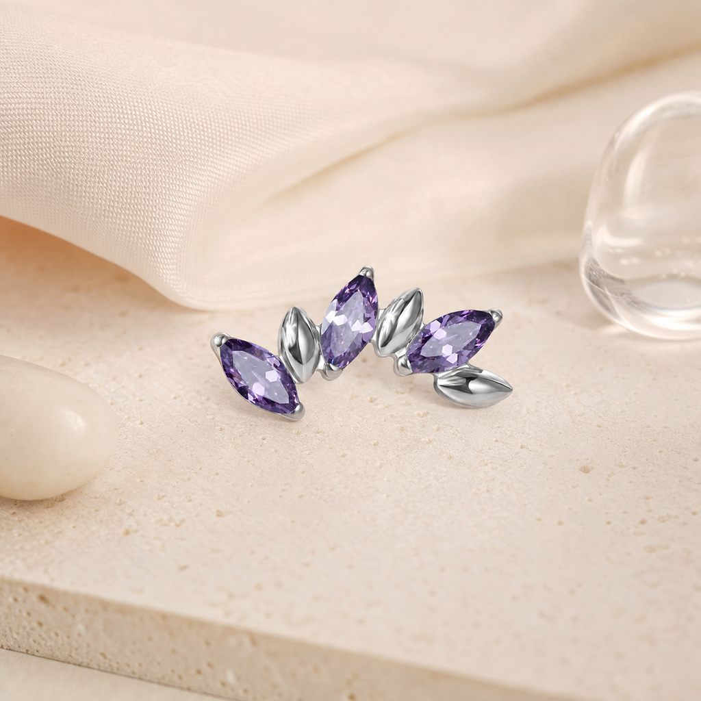 Purple CZ ASTM F136 Titanium Piercing Part - Silver, Internally Threaded, M0.9 mm — styled flat lay (P-PT-0017-S01)