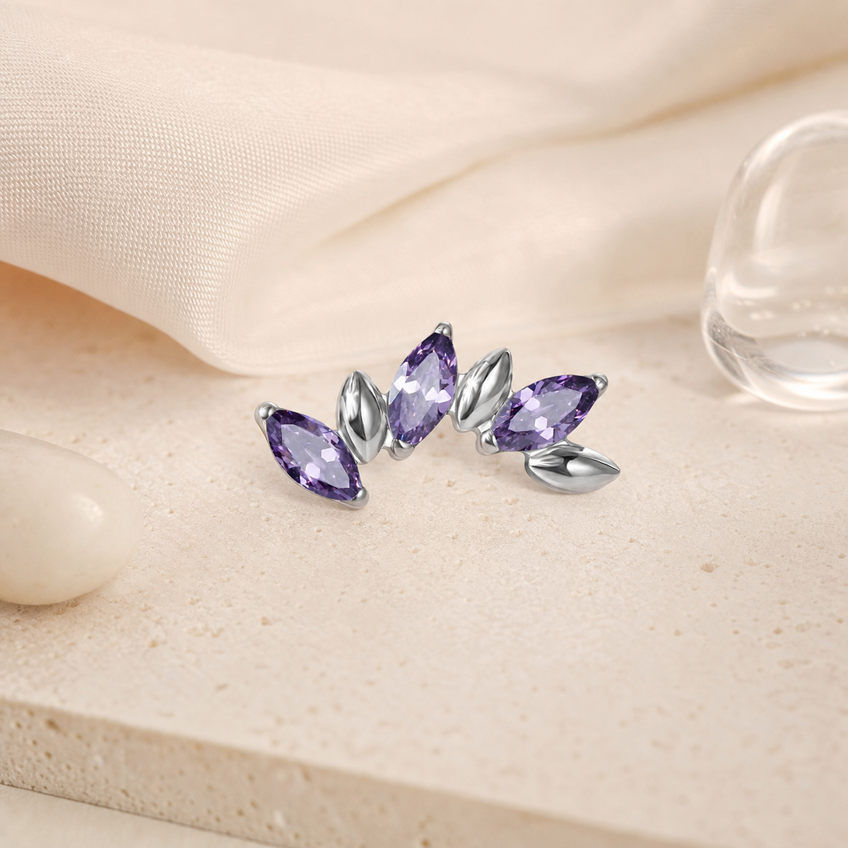 Purple CZ ASTM F136 Titanium Piercing Part - Silver, Internally Threaded, M0.9 mm — styled flat lay (P-PT-0017-S01)