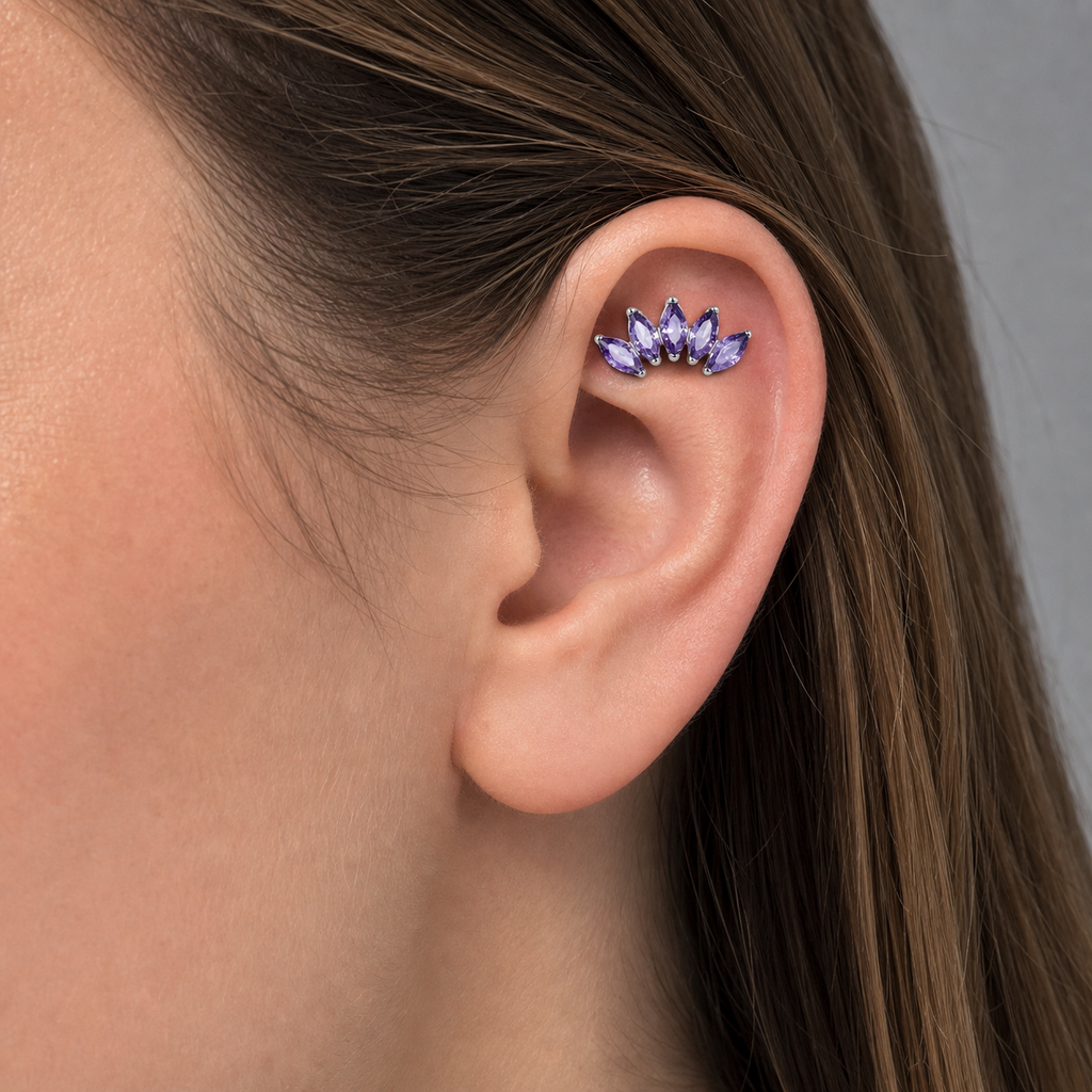 Purple CZ ASTM F136 Titanium Piercing Part - Silver, Internally Threaded, M0.9 mm — wearing view two (P-PT-0018-S01)