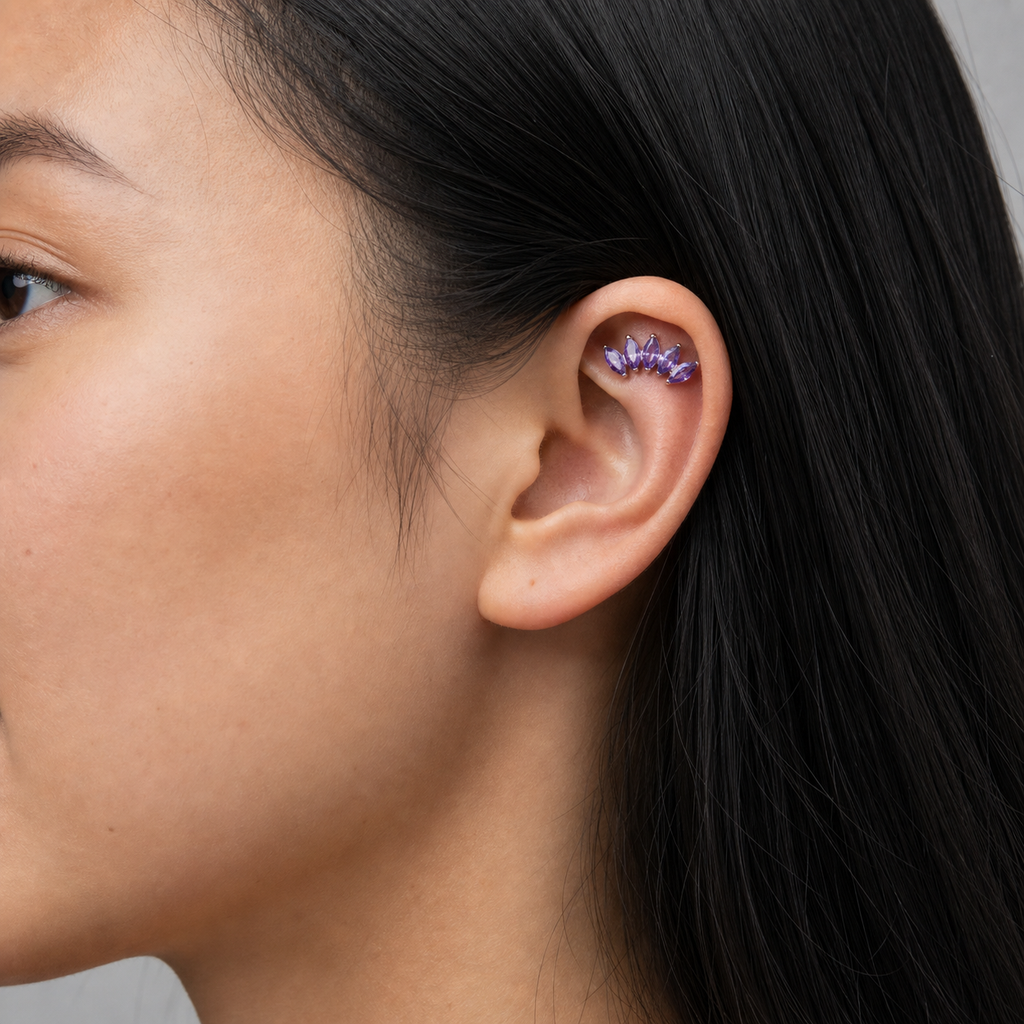 Purple CZ ASTM F136 Titanium Piercing Part - Silver, Internally Threaded, M0.9 mm — wearing view four (P-PT-0018-S01)