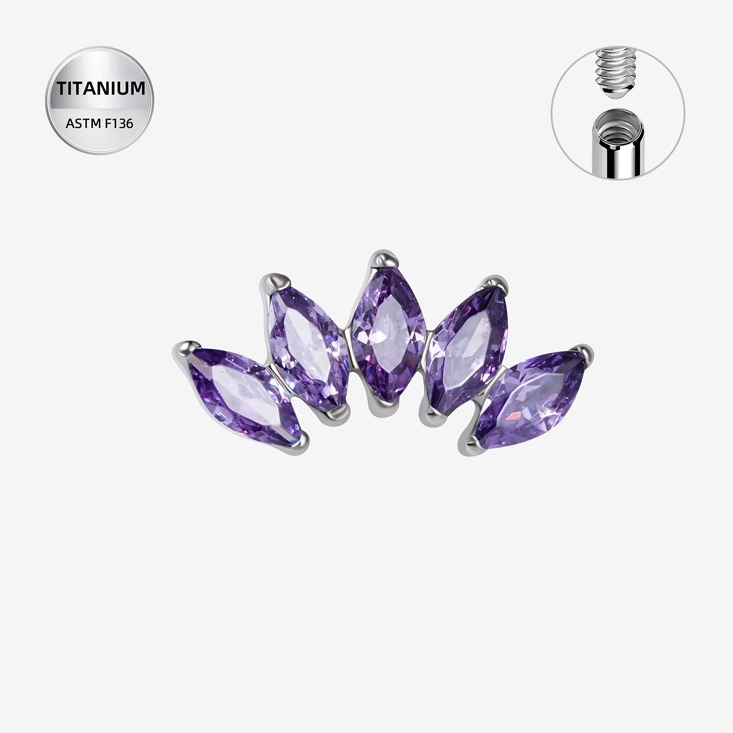Purple CZ ASTM F136 Titanium Piercing Part - Silver, Internally Threaded, M0.9 mm — product detail views (P-PT-0018-S01)