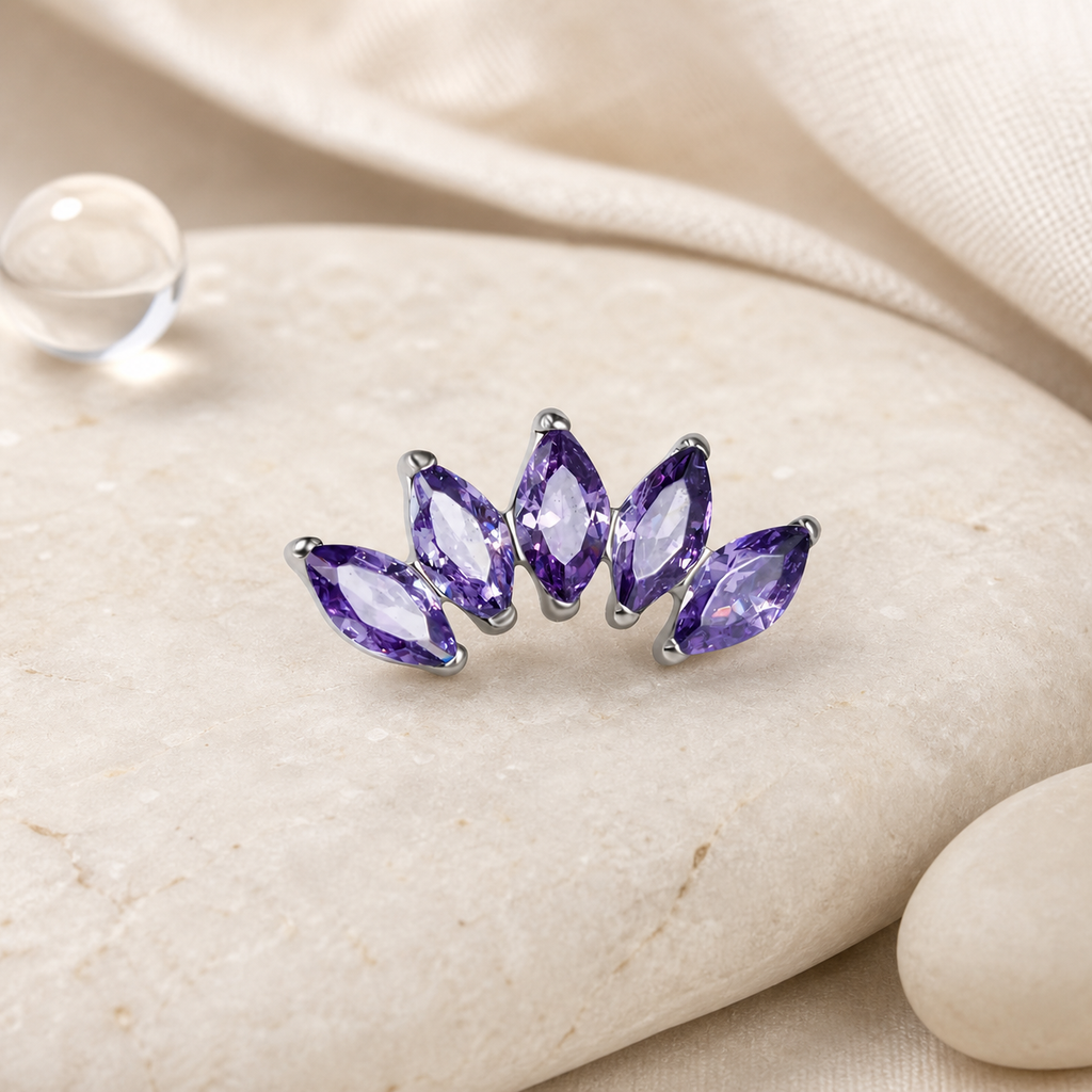 Purple CZ ASTM F136 Titanium Piercing Part - Silver, Internally Threaded, M0.9 mm — styled flat lay (P-PT-0018-S01)