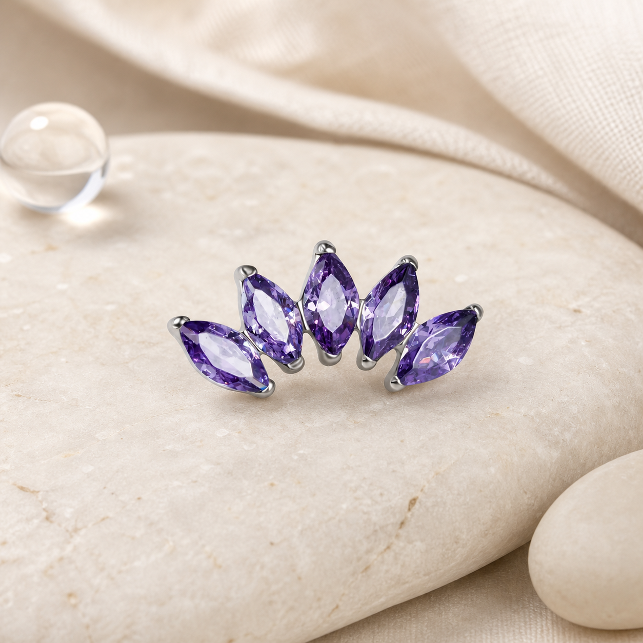 Purple CZ ASTM F136 Titanium Piercing Part - Silver, Internally Threaded, M0.9 mm — styled flat lay (P-PT-0018-S01)