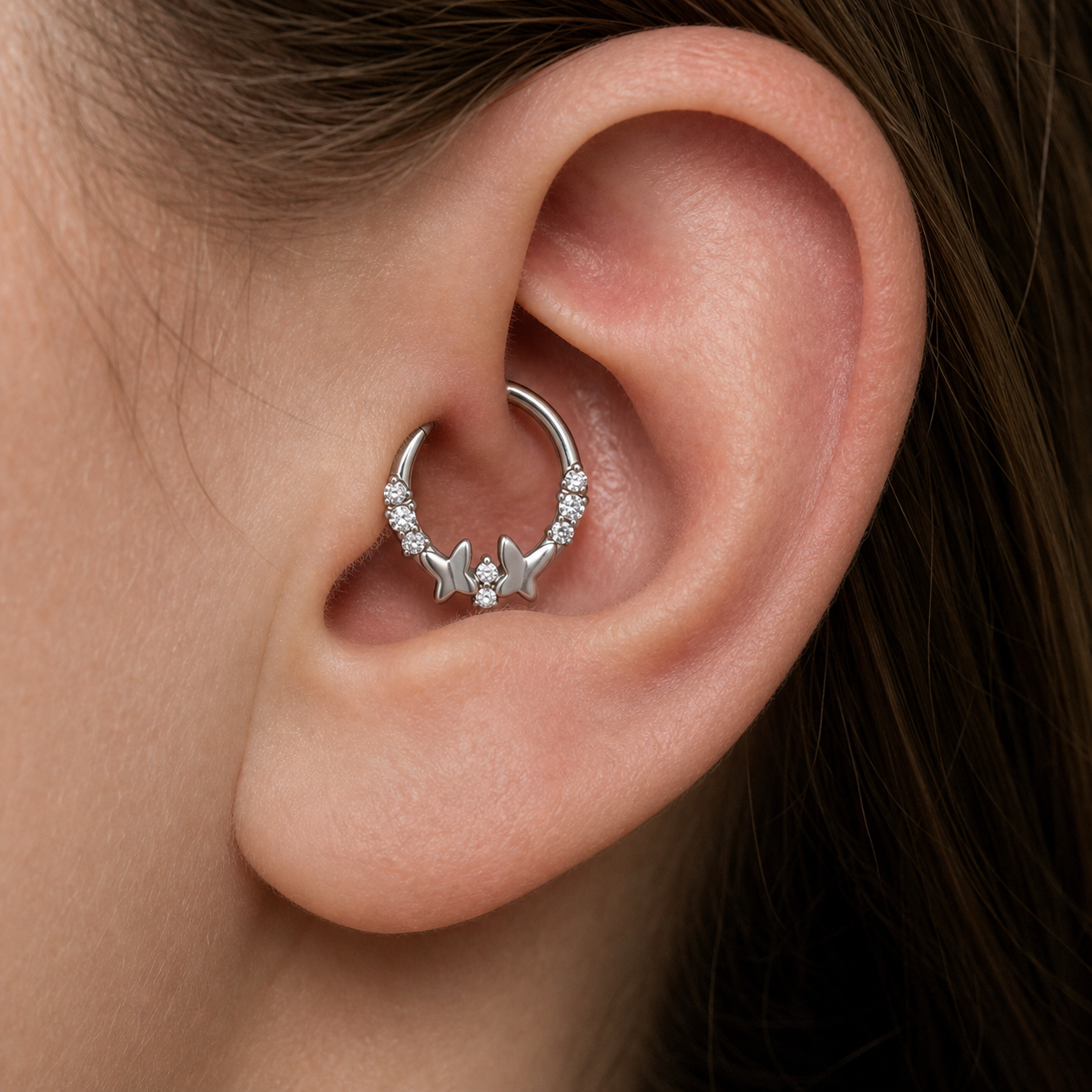 Clear CZ ASTM F136 Titanium Segment Ring - Silver, 16G, 1.2 x 8 mm — wearing view four (P-SR-0041-S01)