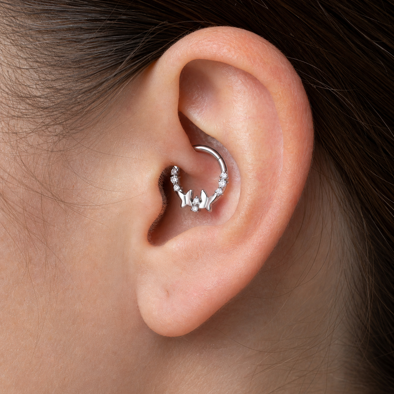 Clear CZ ASTM F136 Titanium Segment Ring - Silver, 16G, 1.2 x 8 mm — wearing view one (P-SR-0041-S01)