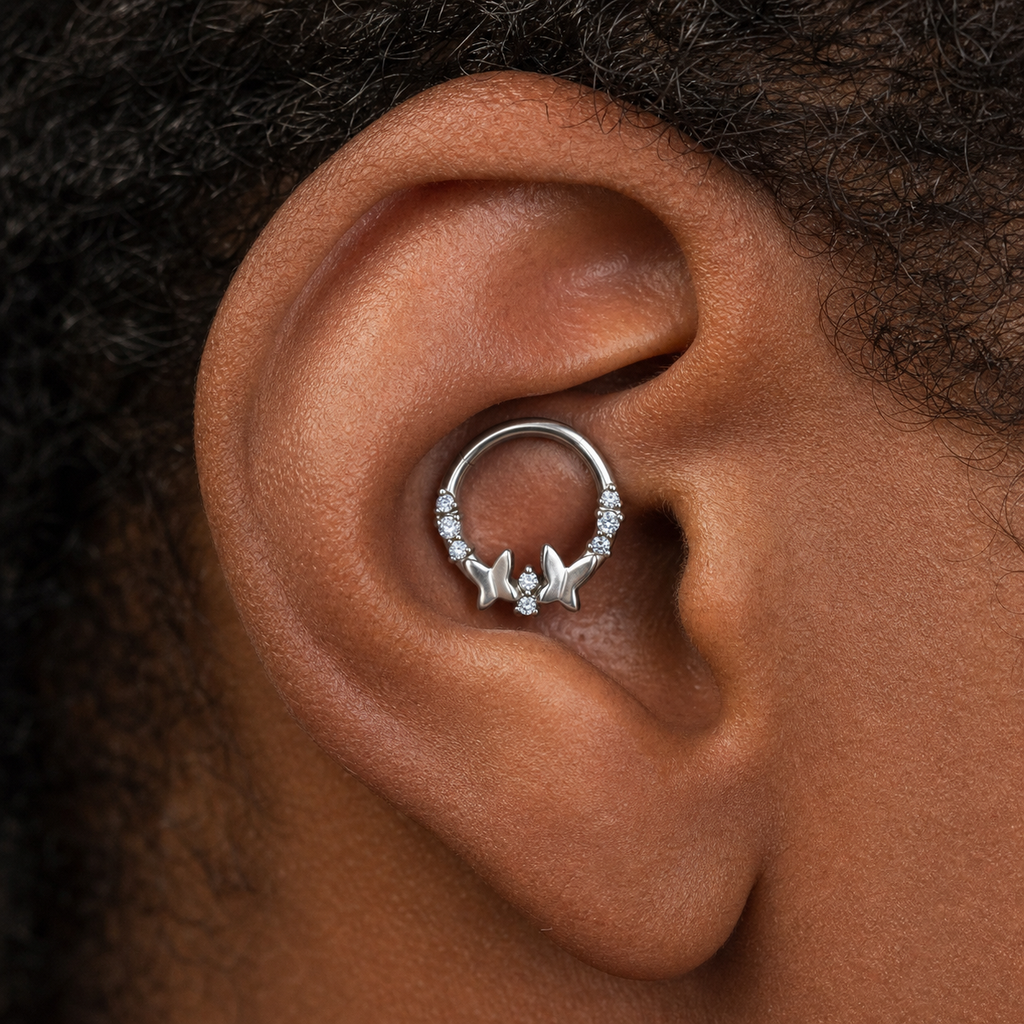 Clear CZ ASTM F136 Titanium Segment Ring - Silver, 16G, 1.2 x 8 mm — wearing view two (P-SR-0041-S01)