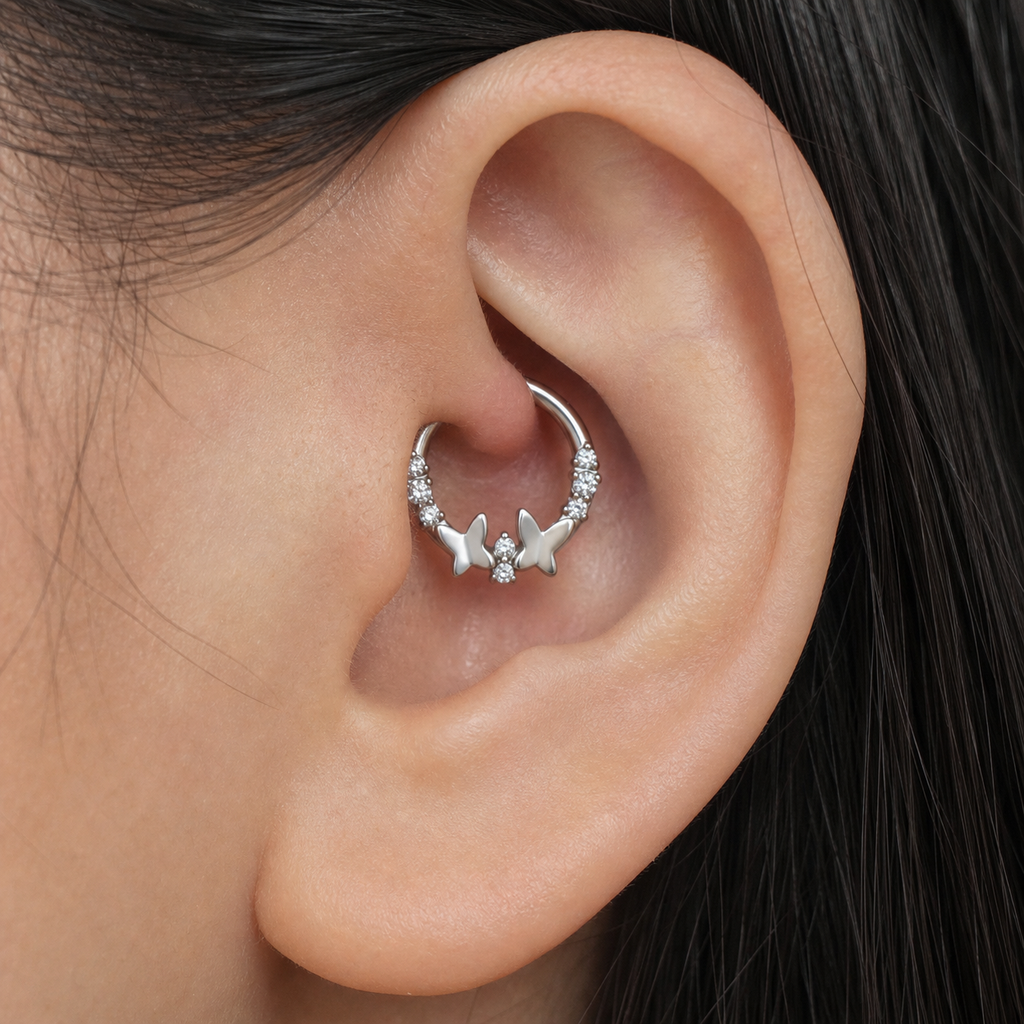 Clear CZ ASTM F136 Titanium Segment Ring - Silver, 16G, 1.2 x 8 mm — wearing view three (P-SR-0041-S01)