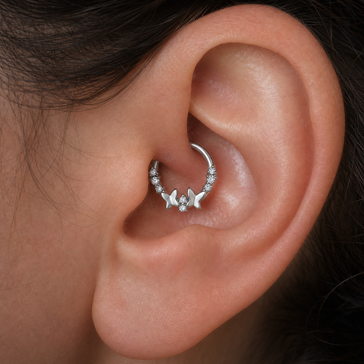 Clear CZ ASTM F136 Titanium Segment Ring - Silver, 16G, 1.2 x 8 mm — wearing view six (P-SR-0041-S01)