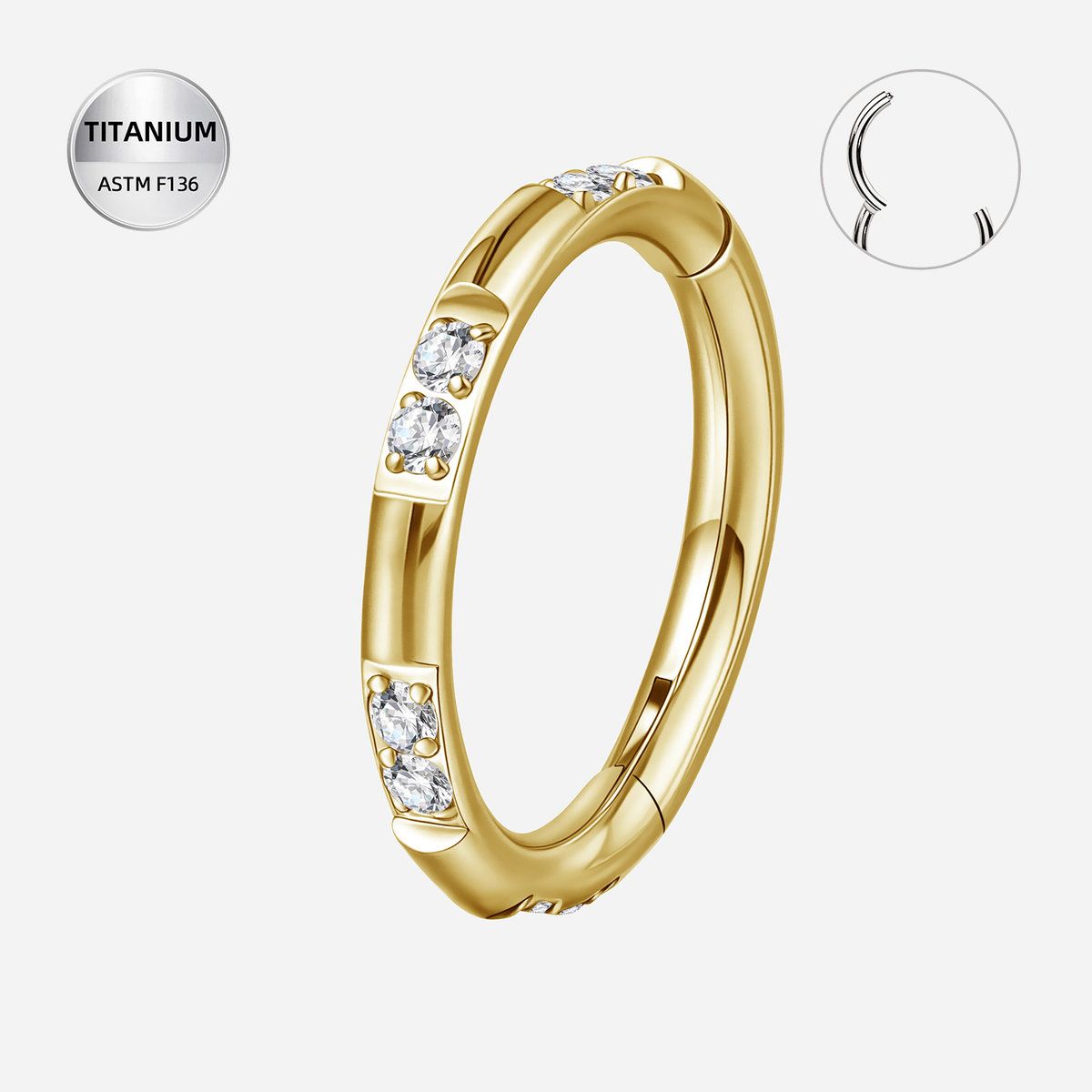Clear CZ ASTM F136 Titanium Segment Ring - Gold, 16G, 1.2 x 8 mm — product detail views (P-SR-0044-G01)