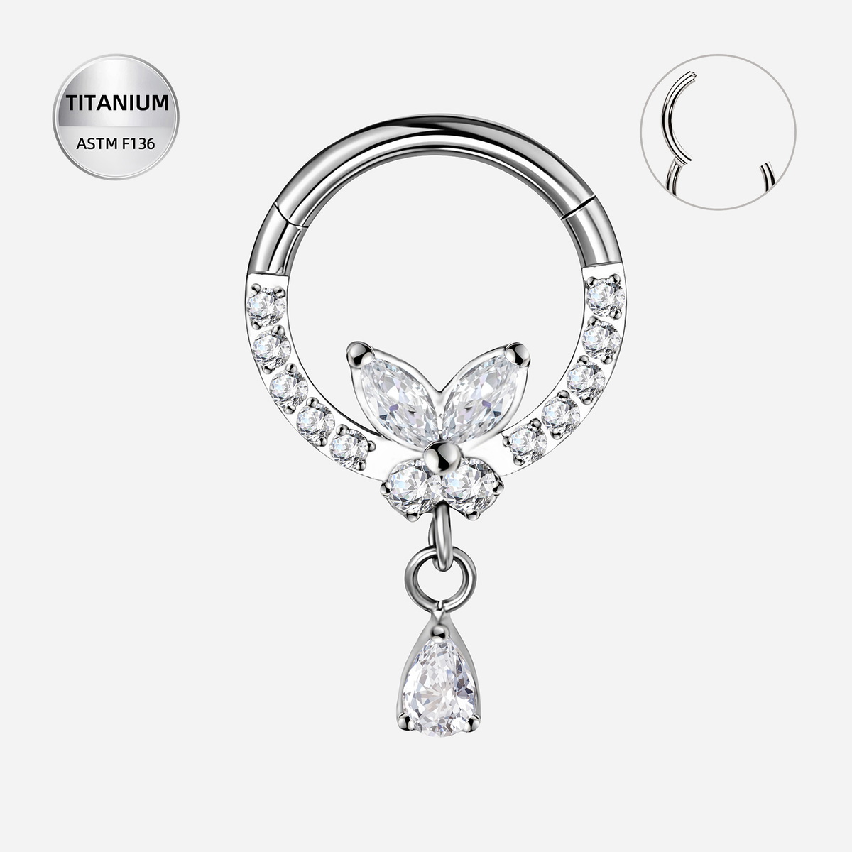 Clear CZ ASTM F136 Titanium Segment Ring - Silver, 16G, 1.2 x 8 mm — product detail views (P-SR-0045-S01)