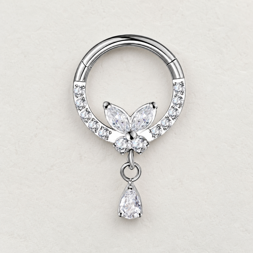Clear CZ ASTM F136 Titanium Segment Ring - Silver, 16G, 1.2 x 8 mm — styled flat lay (P-SR-0045-S01)