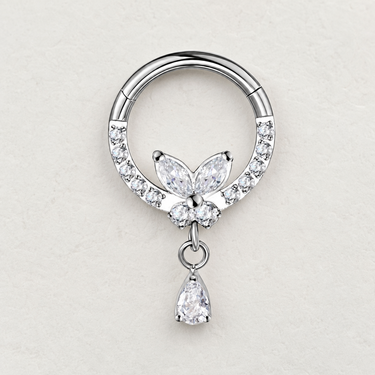 Clear CZ ASTM F136 Titanium Segment Ring - Silver, 16G, 1.2 x 8 mm — styled flat lay (P-SR-0045-S01)