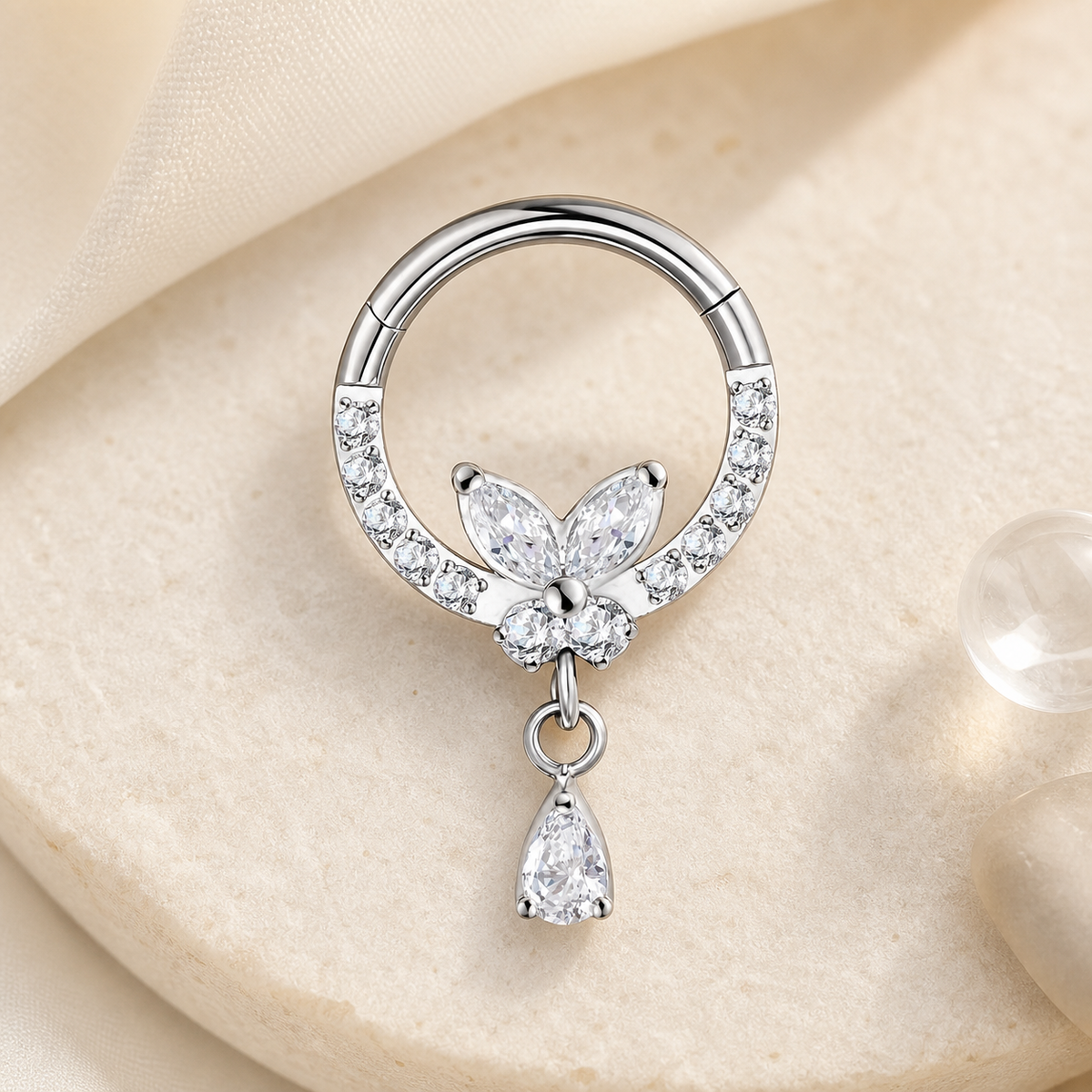 Clear CZ ASTM F136 Titanium Segment Ring - Silver, 16G, 1.2 x 8 mm — styled flat lay (P-SR-0045-S01)