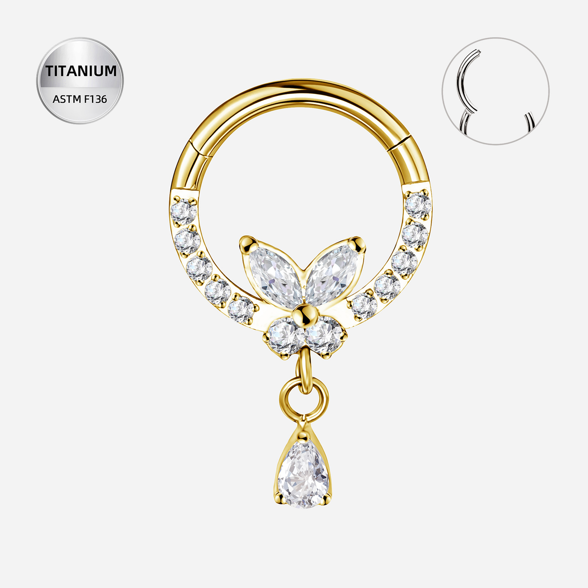 Clear CZ ASTM F136 Titanium Segment Ring - Gold, 16G, 1.2 x 8 mm — product detail views (P-SR-0046-G01)